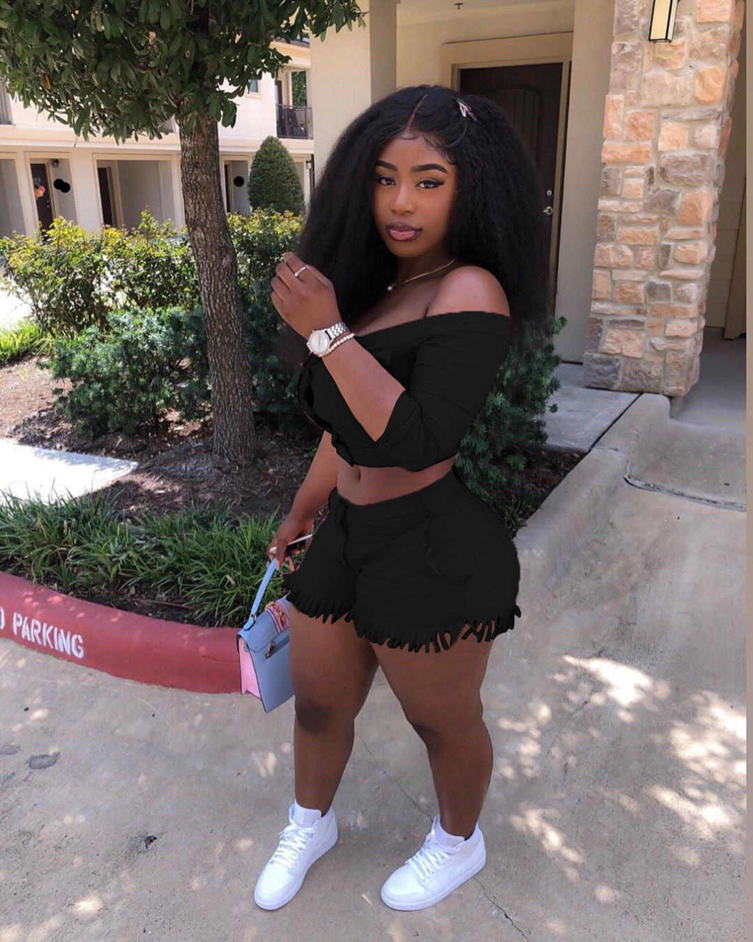 Women's Clothing High Stretch Off Shoulder Two-Piece Shorts Set 5