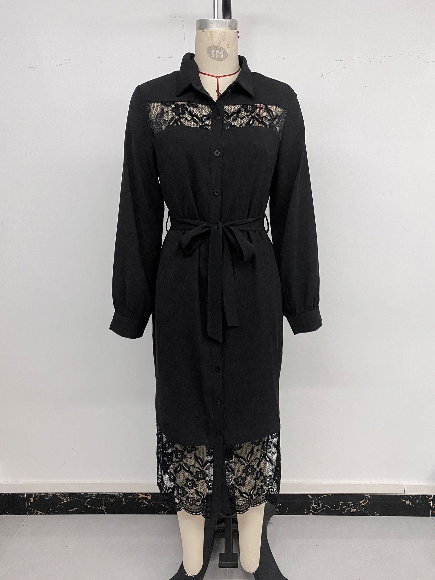 Women Autumn Long-Sleeved Lace Patchwork Shirt Dress 9