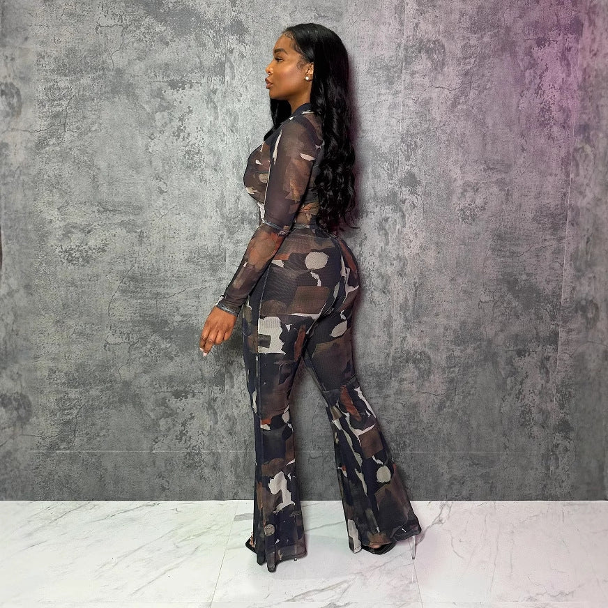 Women Sexy Button Printed Mesh Top and Bell Bottom Pants Two-Piece Set 7