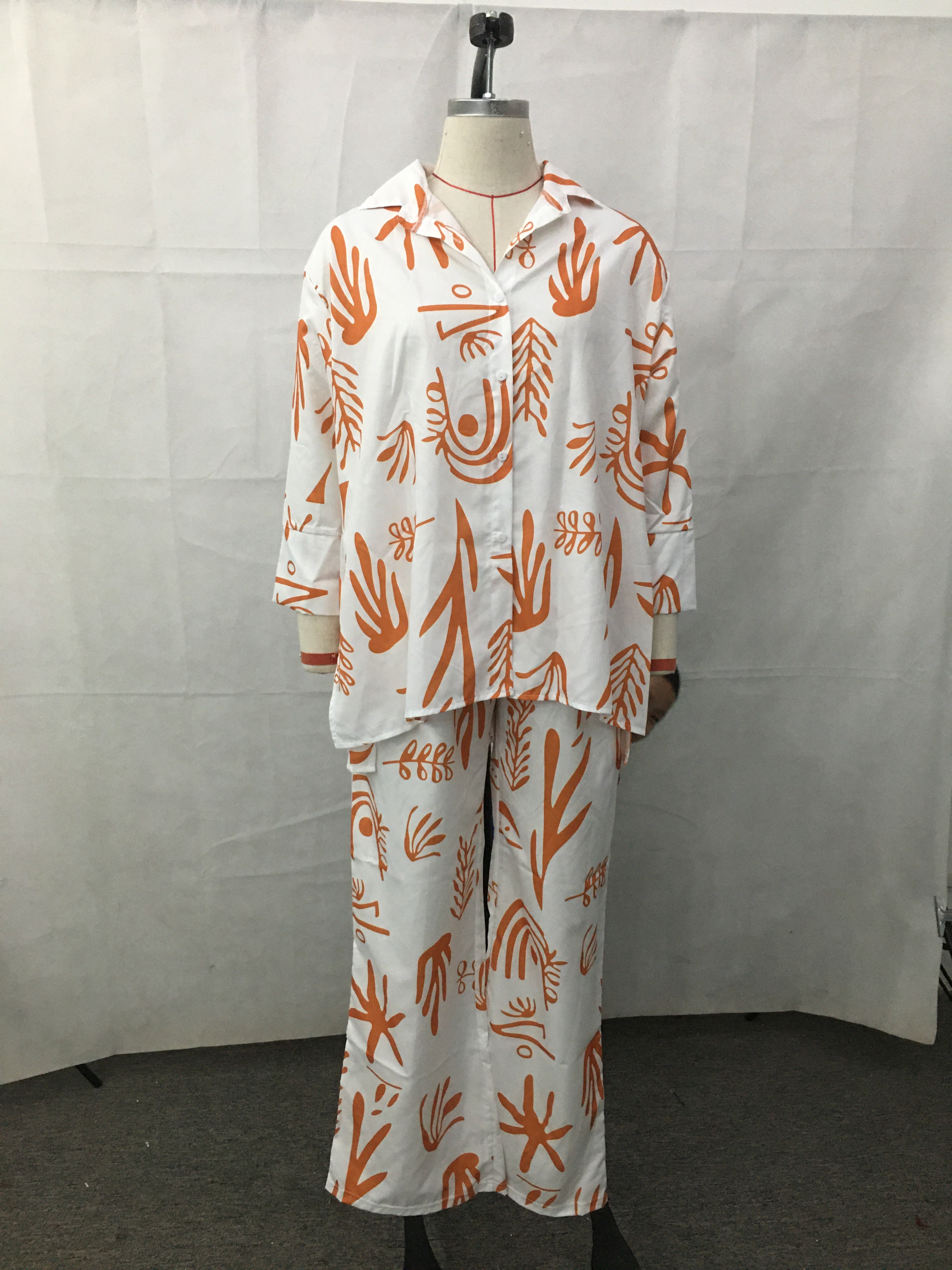 Women Casual Loose Button Shirt And Straight Pants Two-Piece Set 7