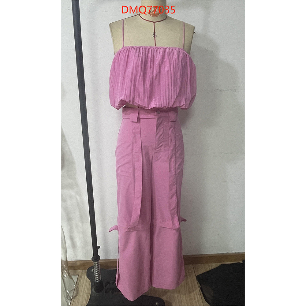 Spring Summer Sexy Camisole Loose Straight Trousers Casual Holidays Two Piece Set 7