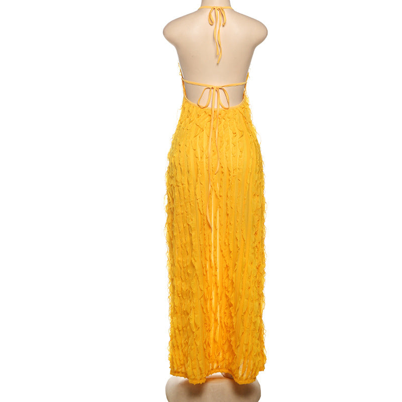 Women Summer Sexy Halter Neck Pleated V Neck Backless Lace-Up Dress 7