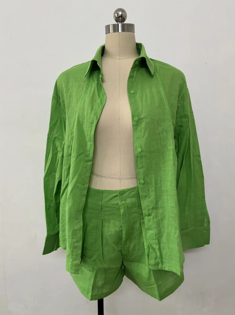 Summer Fashion Casual Summer Women's Long Sleeve Loose Shirt Shorts Two Piece Set 8