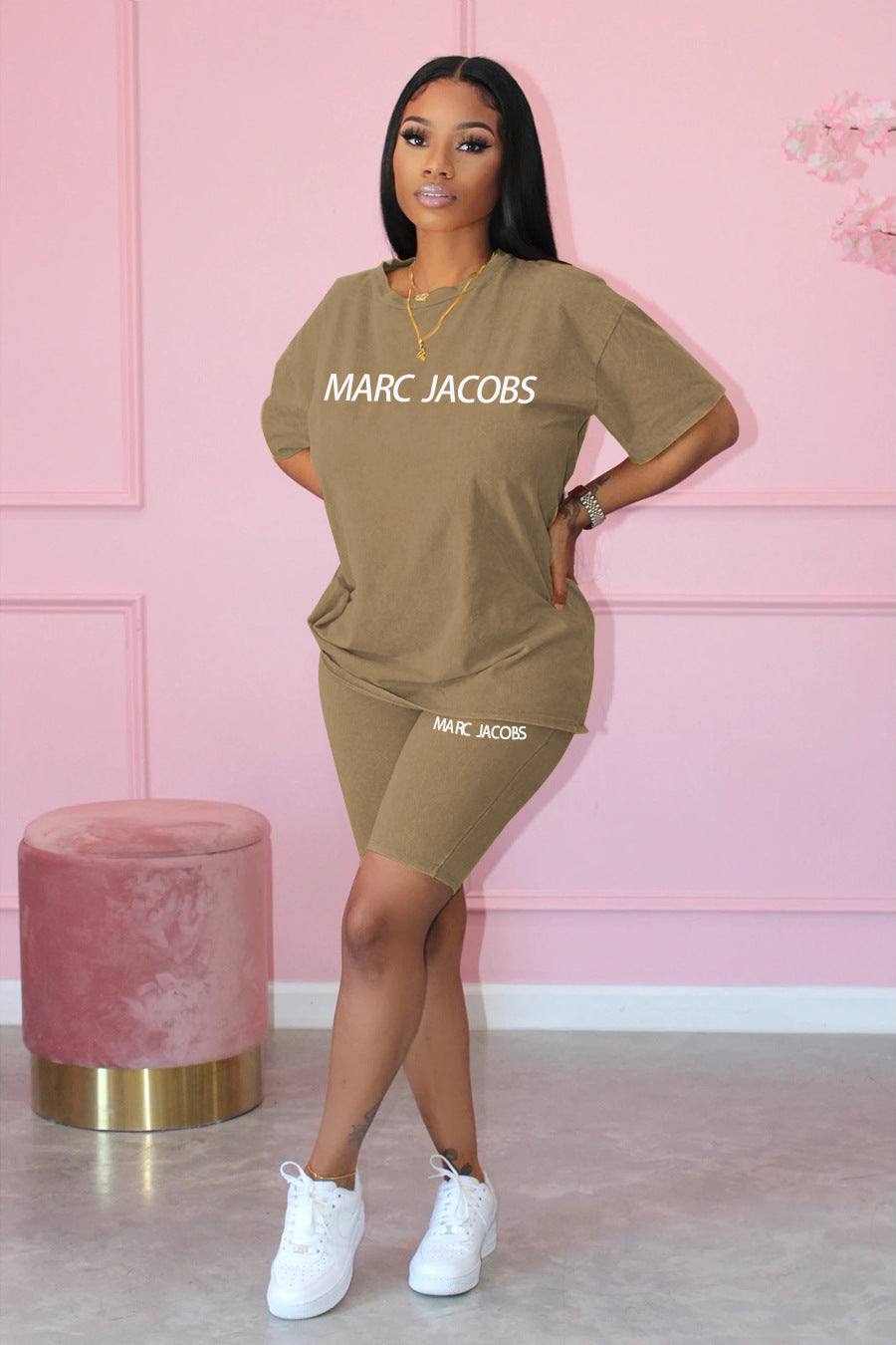 Women Casual Letter Print Short Sleeve Top and Short Two-Piece Set 7