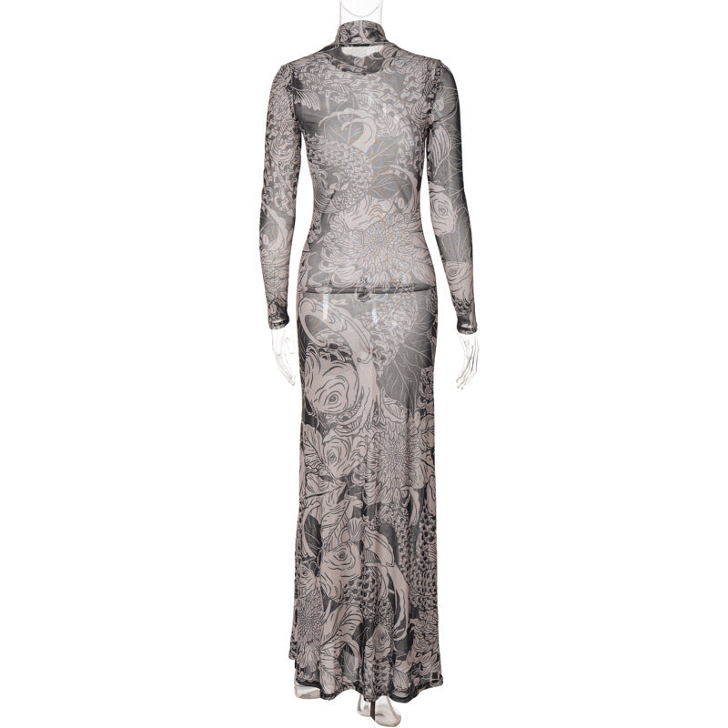 Women's Fall Fashion Mesh Print See-Through High Neck Slim Fit Dress For Women 6