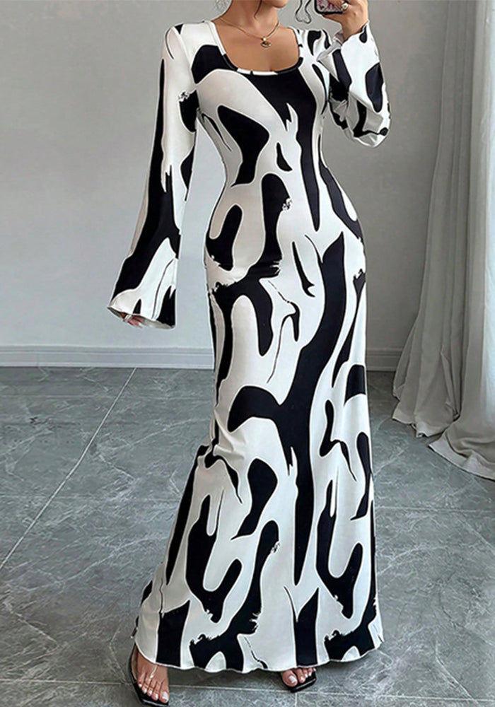 Elegant Floral Bell Sleeve Maxi Dress Womenƒ??s Chic Fall Winter Dress