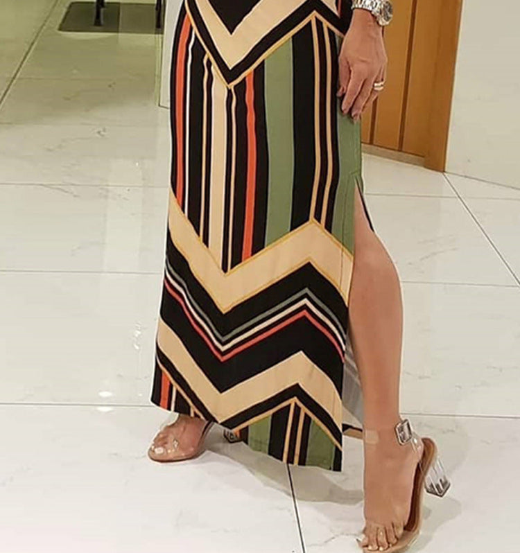Striped print slim sexy slit sleeveless long dress for women 5