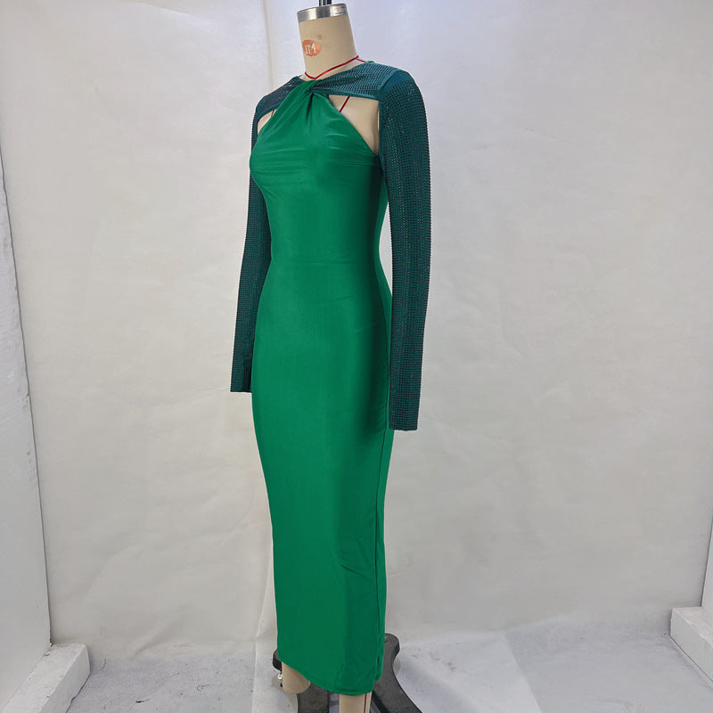 Autumn Sexy Tight Fitting Hollow Beaded Long Sleeve Patchwork Dress 10