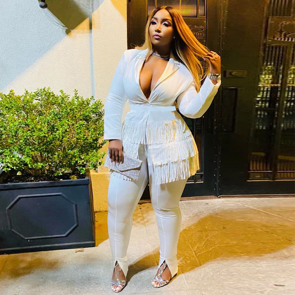 Women Fall Solid Fringed V-Neck Blazer and Pant Two-Piece Set 4