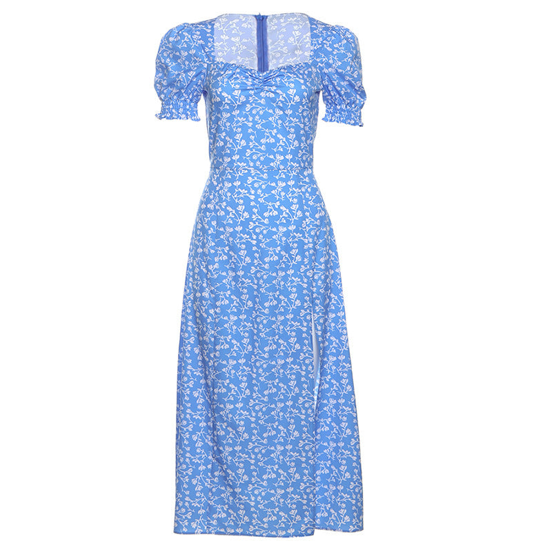 Women sexy square neck floral slit dress 7