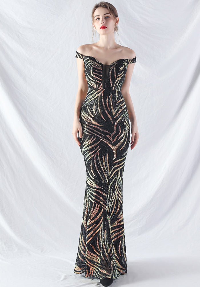 Women Off Shoulder Sequins Evening Dress