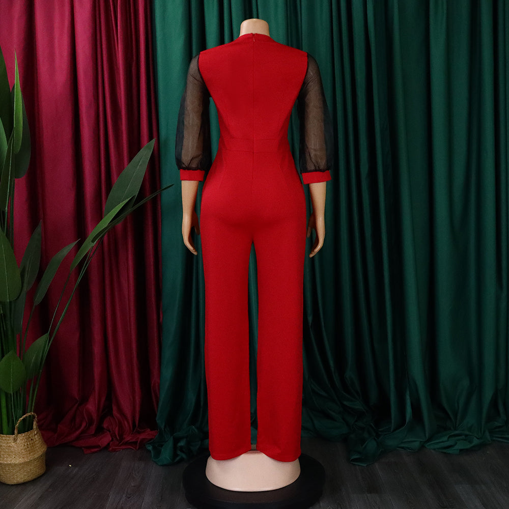 Women'S Summer Short Sleeve Puff Sleeve Beaded Sexy Wide Leg Slim Waist Plus Size Jumpsuit 14