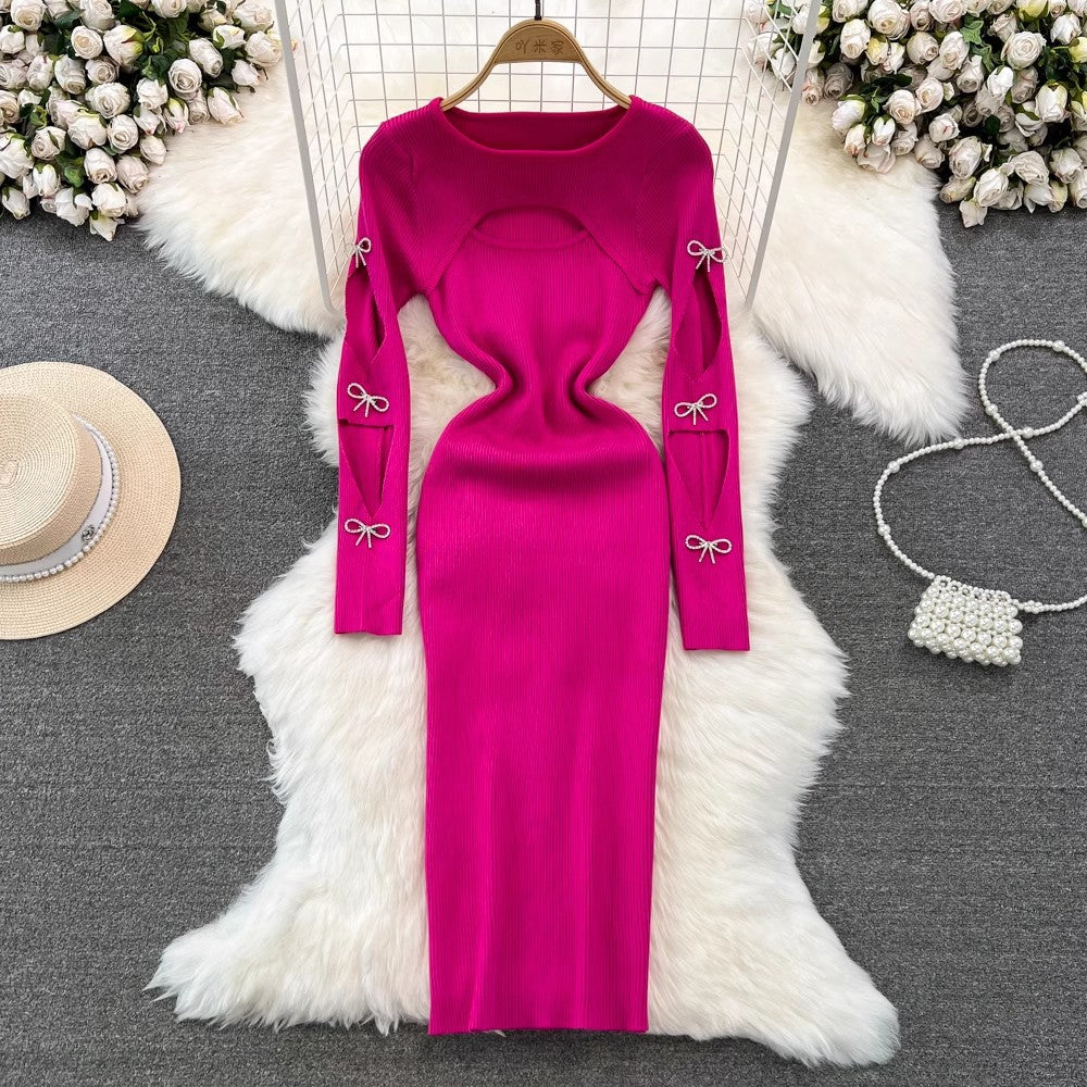 Autumn And Winter Sexy Long Sleeve Round Neck Hollow Slim Waist Slim Fit Knitting Bodycon Basic Dress 3
