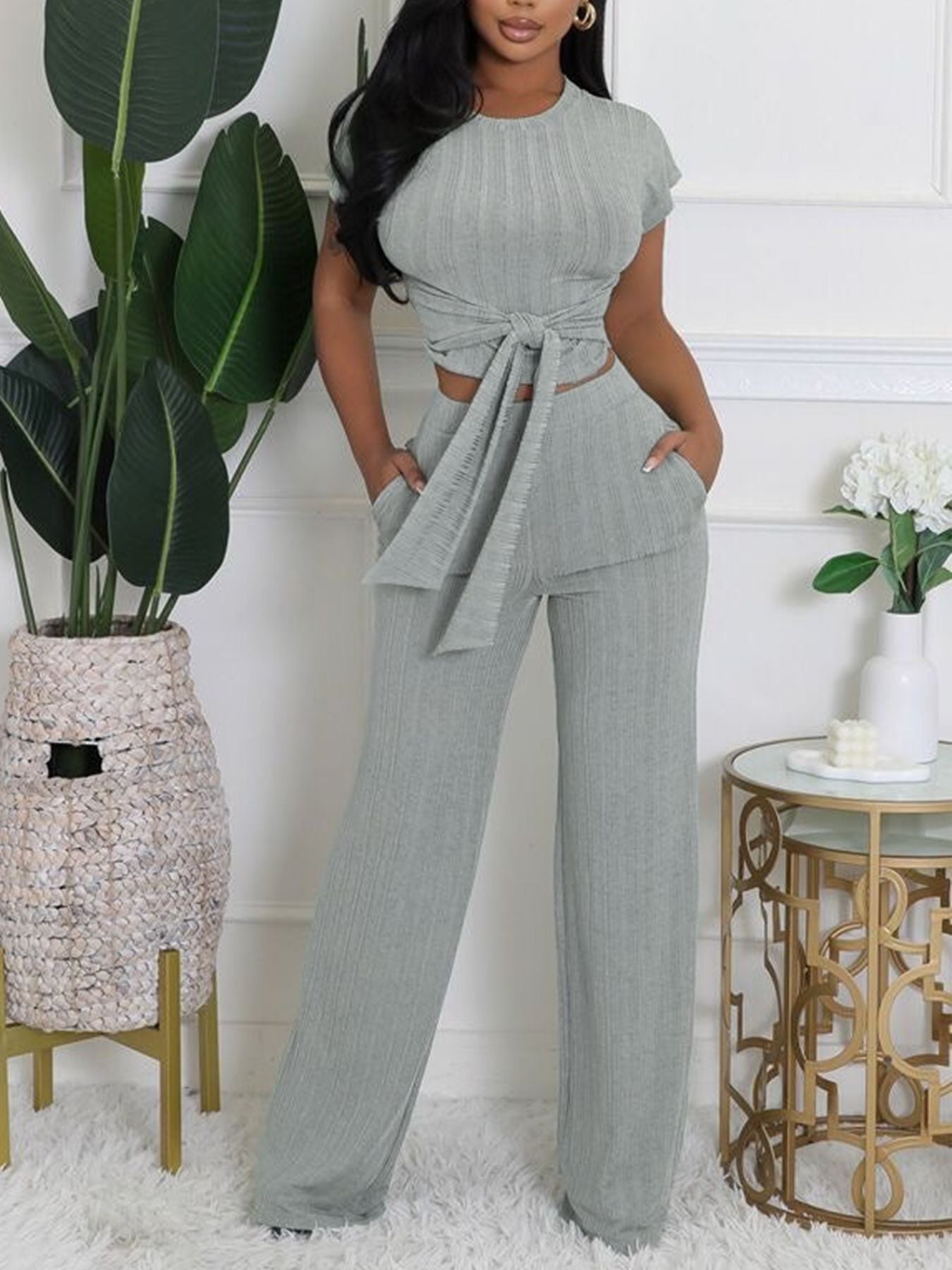 Women Round Neck Short Sleeve Top Casual Pants Two-Piece Set 7