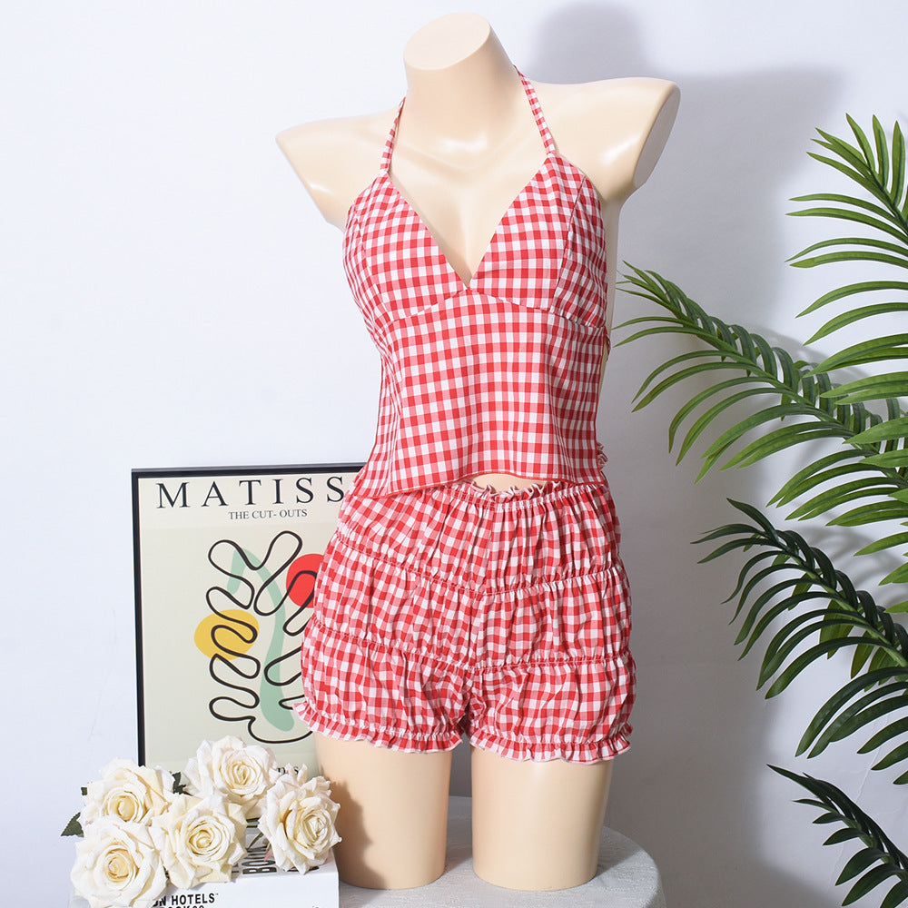Summer Lace-Up Plaid  Two Piece Shorts Set 6