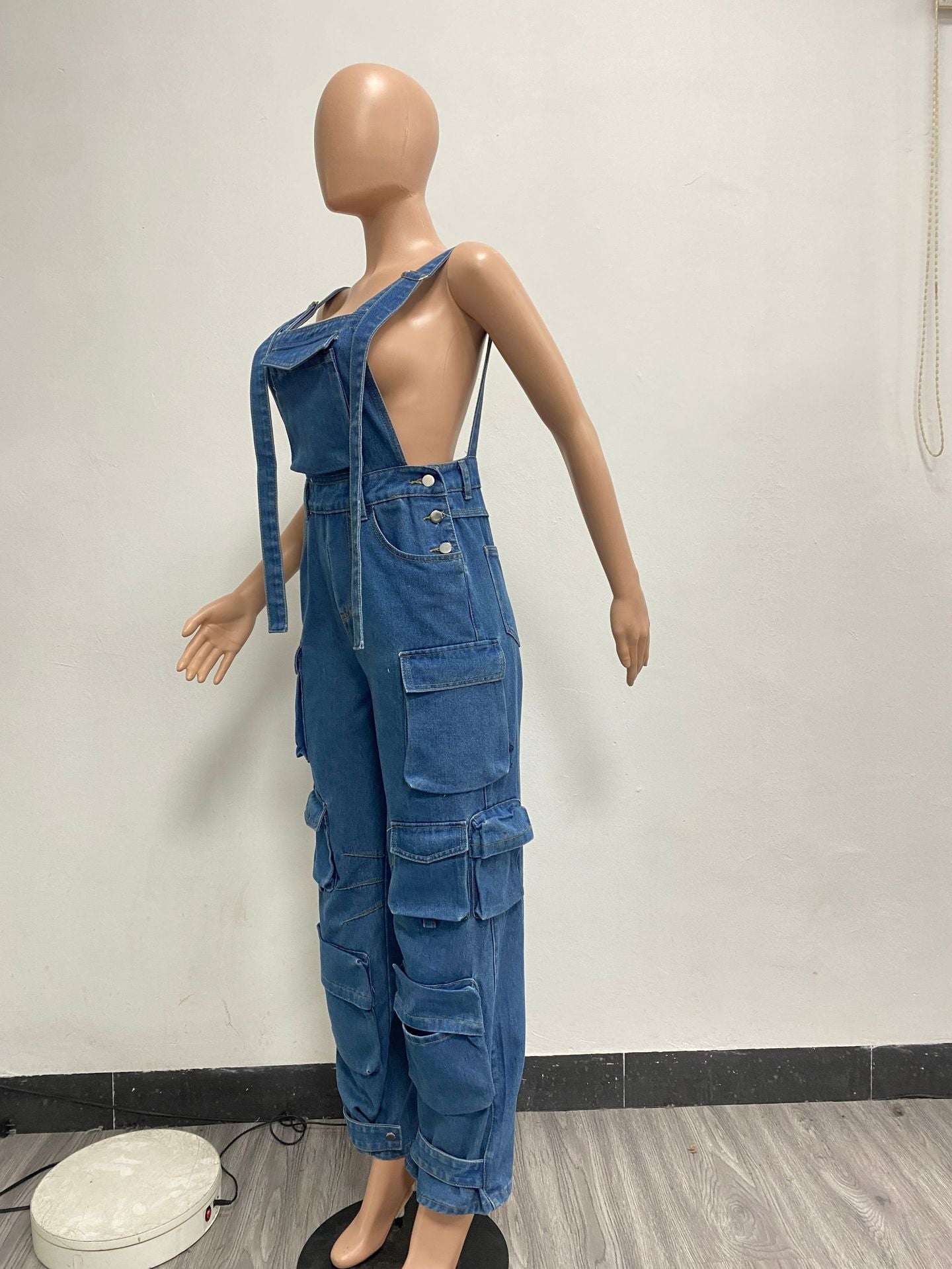 Women style washed Denim loose cargo overalls 16