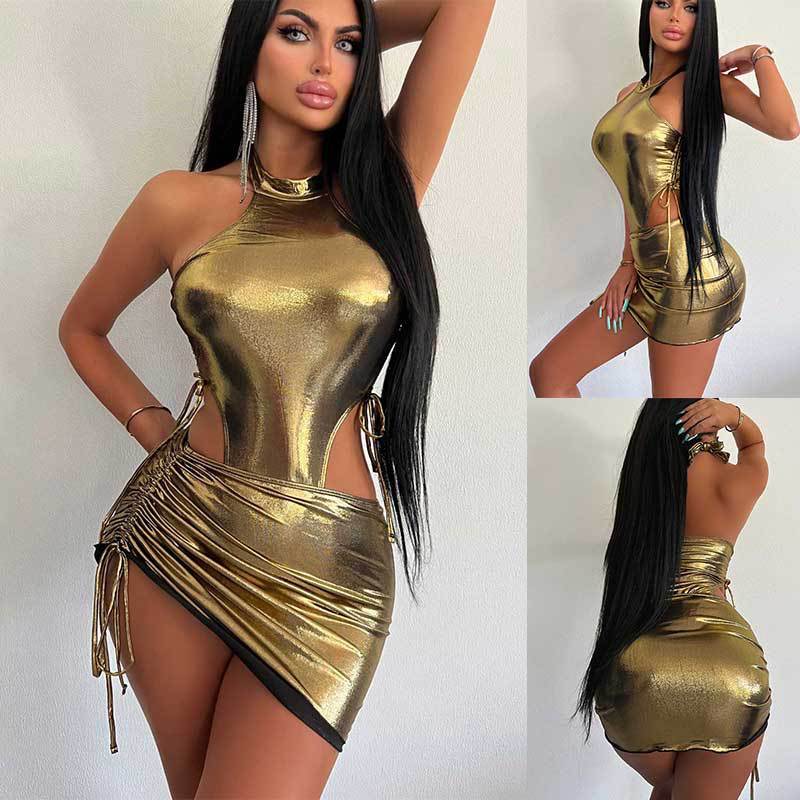 Women's Summer Glossy Sexy One Piece Bodysuit High Waist Drawstring Bodycon Skirt Two Piece Set
