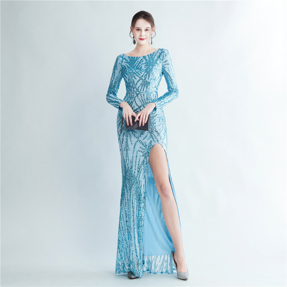 Women Sequin Long Sleeve Slit Evening Dress 9