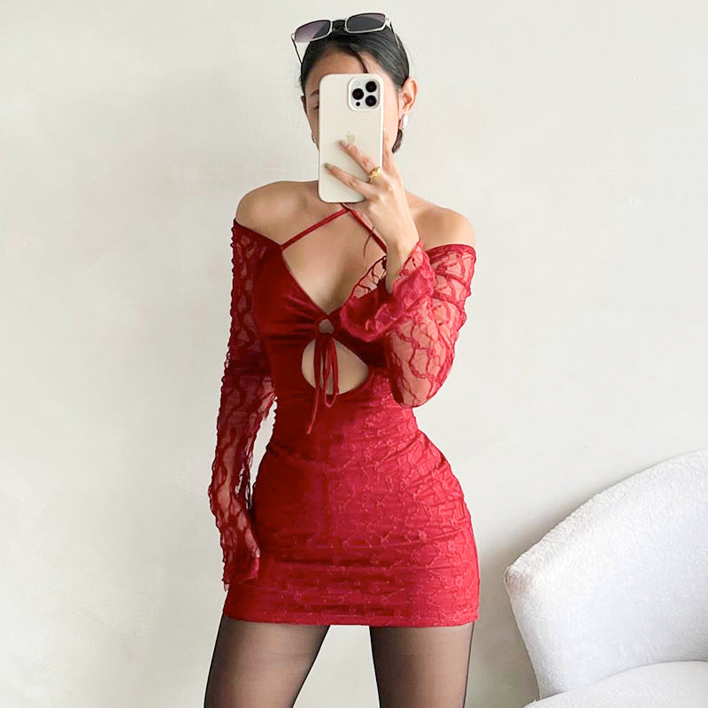 Women Spring Sexy Lace Hollow Tie Bodycon Dress 4