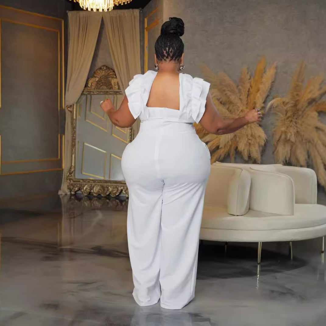 Plus Size Women Sexy Suspender Lace Elastic Wide-leg Jumpsuit 4