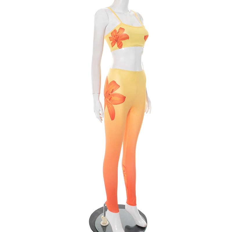 Women Sexy Floral Gradient Printed Camisole Vest Top and Trousers Two-Piece Set 17