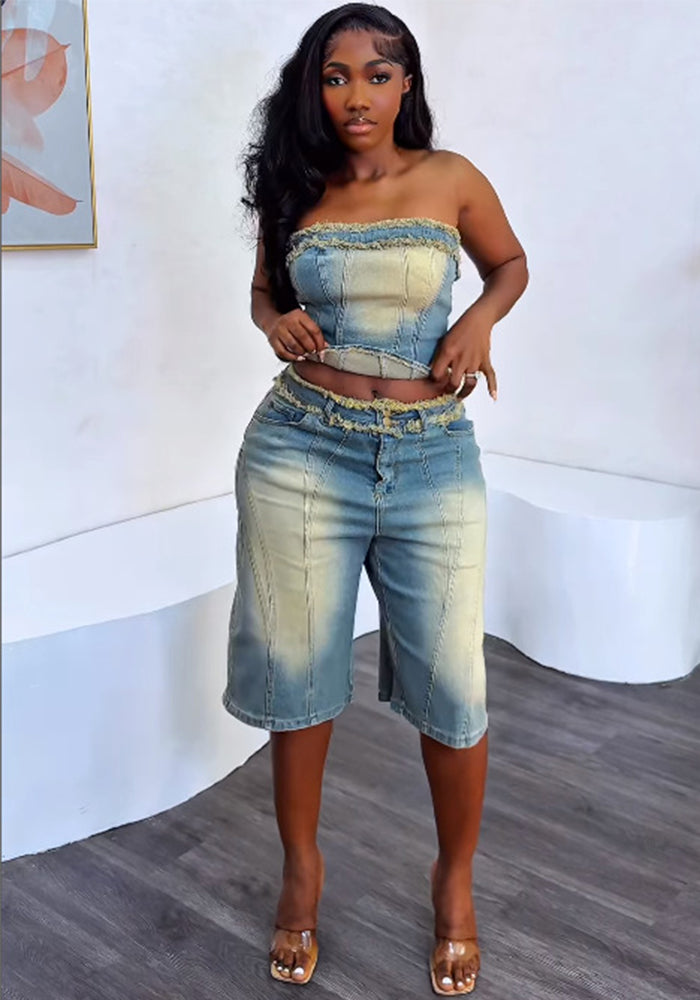 Women Denim Top Denim shorts two-piece set