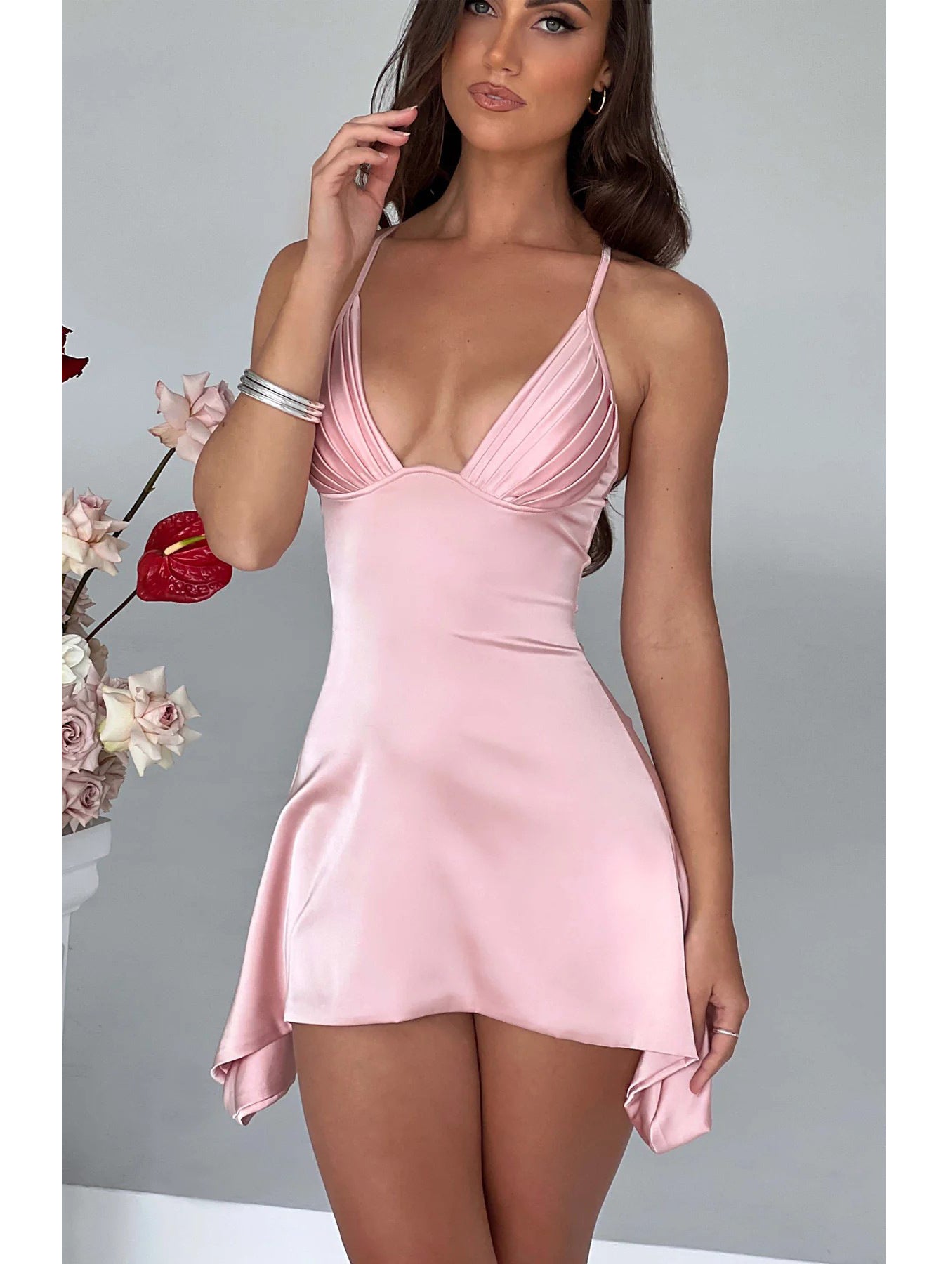 Summer Sexy V-Neck Low Back Solid Color Women's Strap Short Dress 7