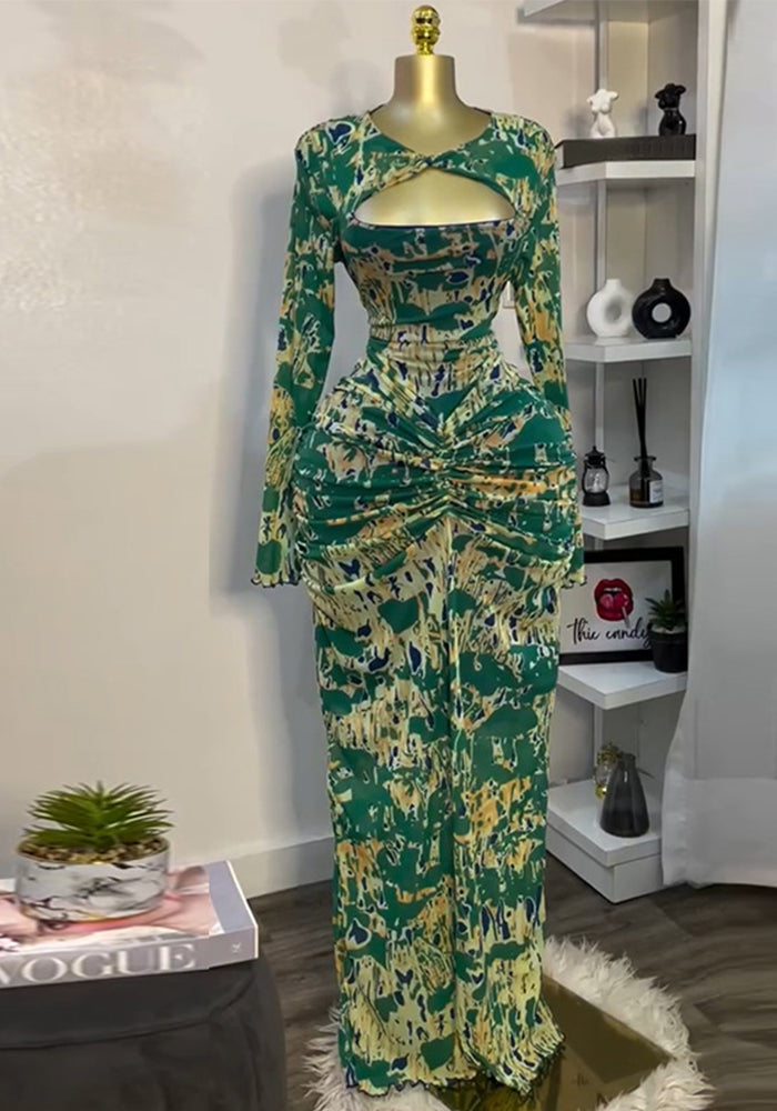 Women's Spring Print Hollow Neck Long-Sleeve High-Waist Slim Long Dress