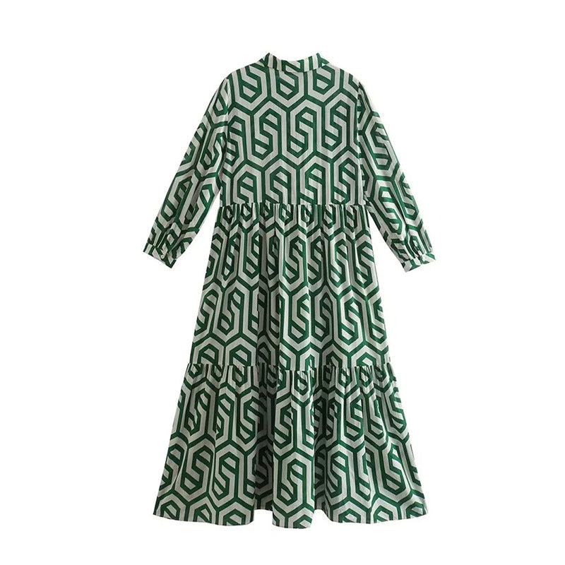 Women's Long Sleeve Turndown Collar Green Geometric Print Shirt Dress 9