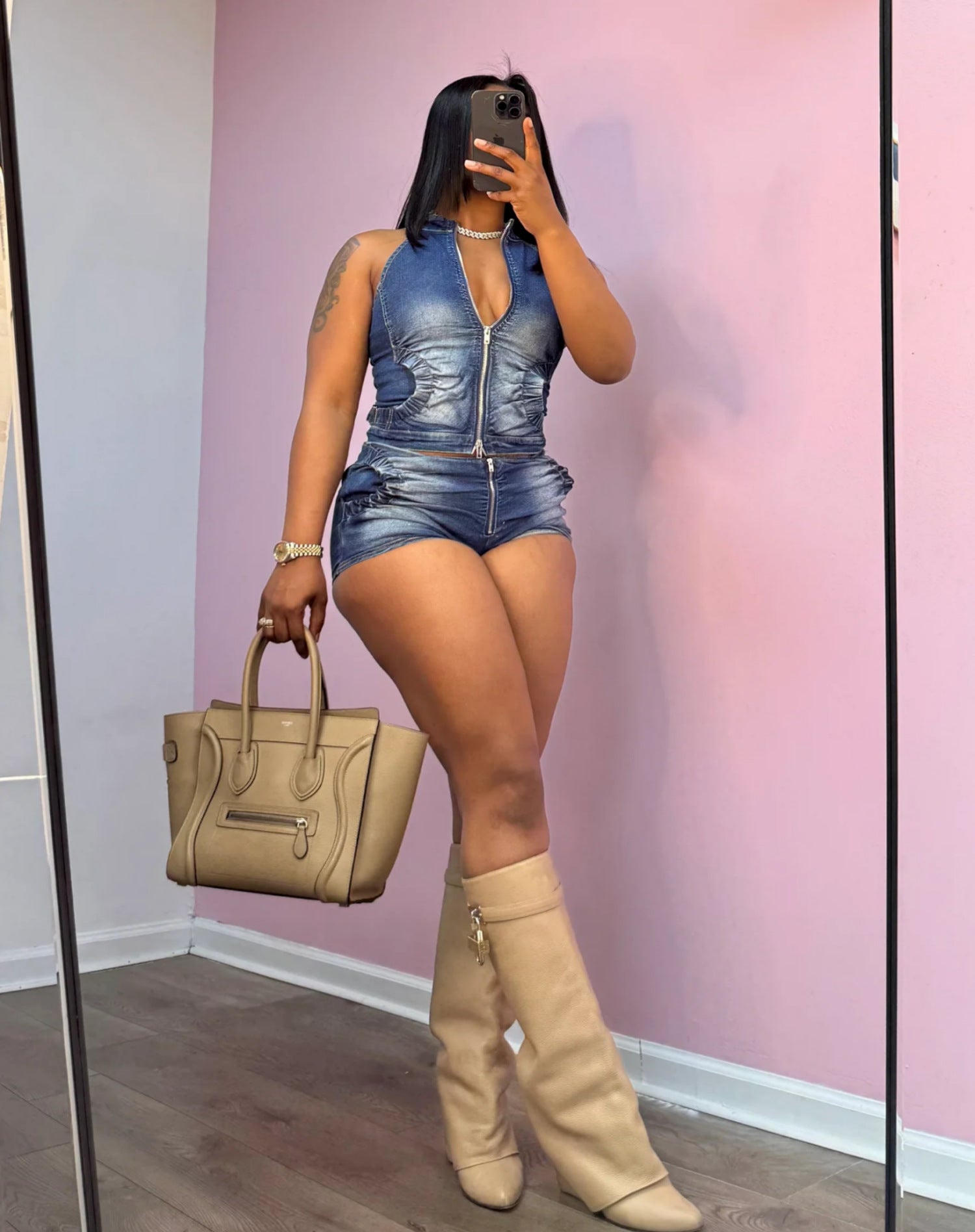 Women Denim zipper Top and shorts Two Piece Set