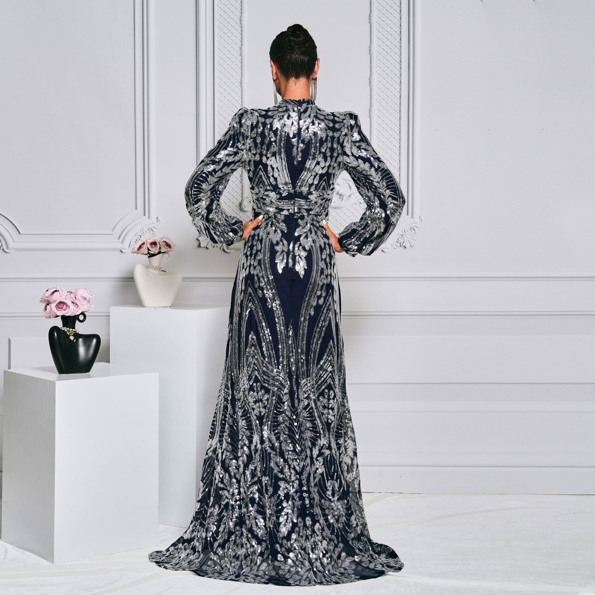 Women Sequined Long Sleeve Round Neck Formal Party Maxi Evening Dress 4