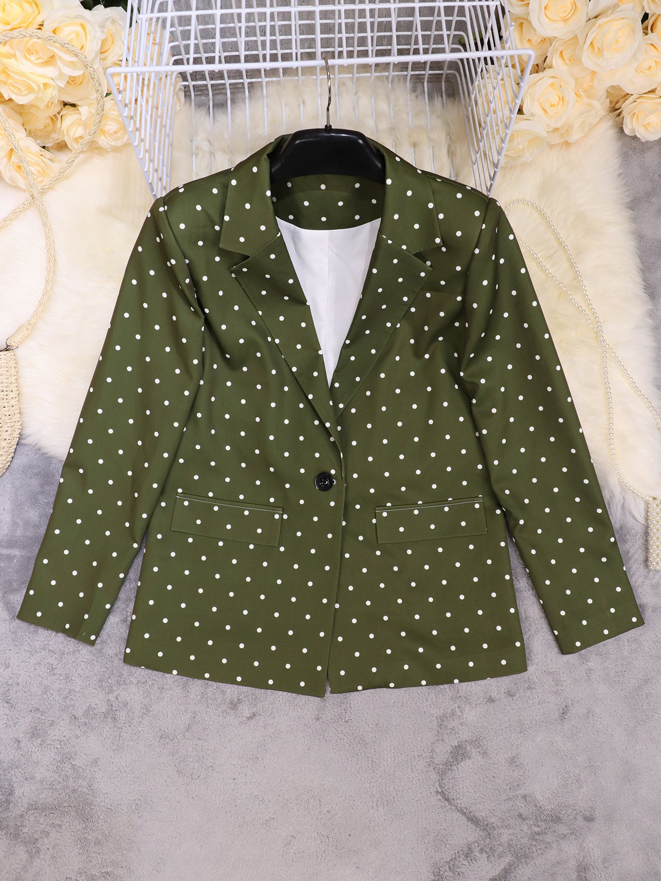 Spring Women's Fashion Chic Polka Dot Turndown Collar Long Sleeve Blazer 19