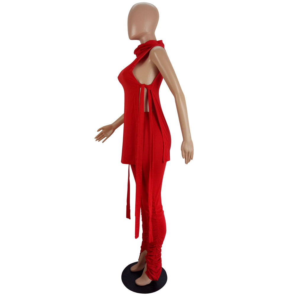 Women's Spring Summer Fashion Sexy Solid Side Lace-Up Two-Piece Pants Set 12