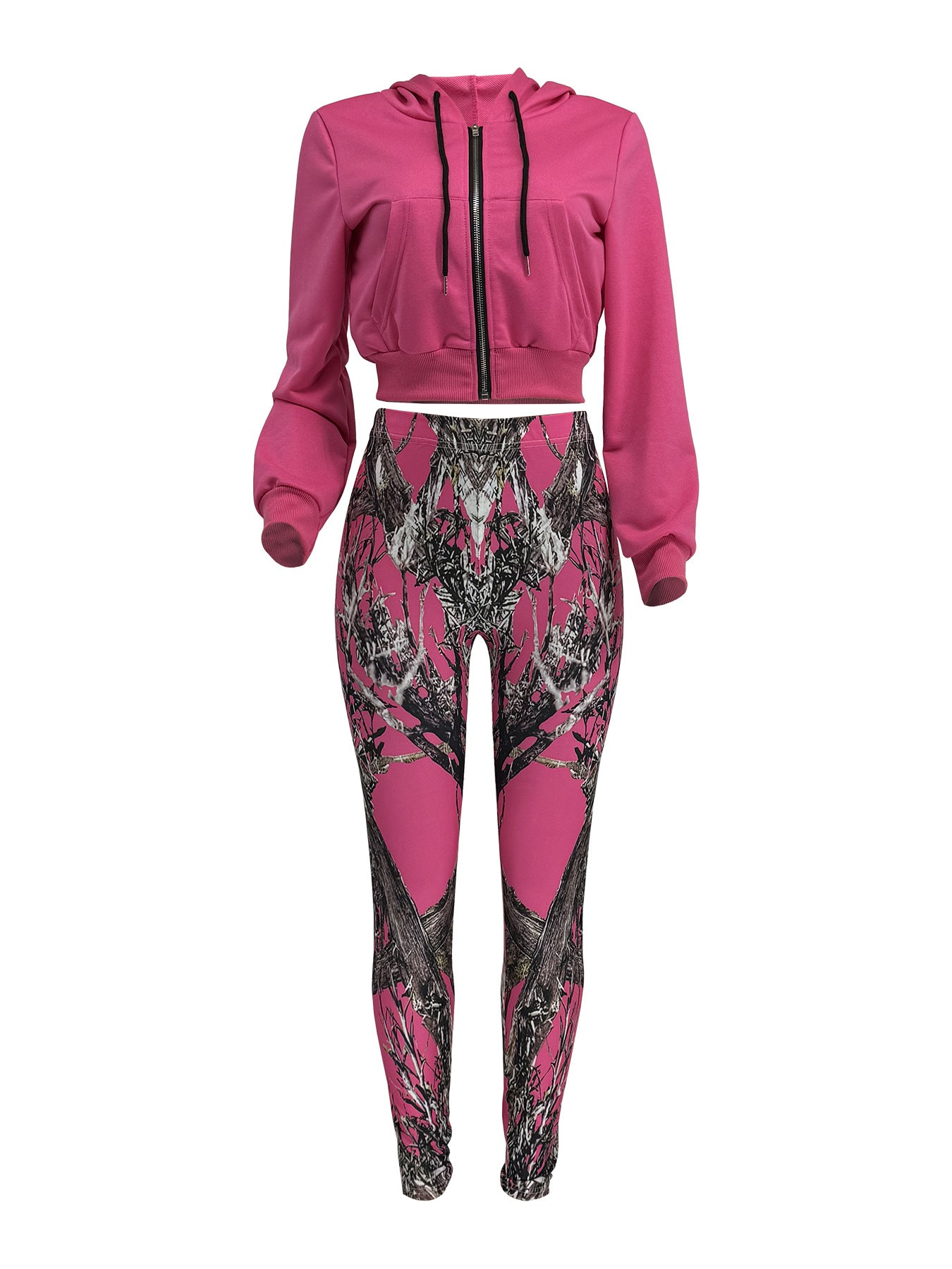Women Casual Zipper Long Sleeve Top and Print Pants Two-Piece Set 16