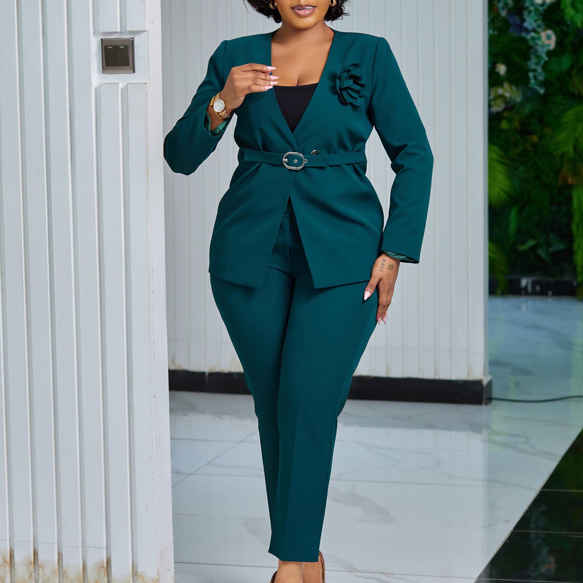 African Women Fall/Winter Solid Blazer Two-Piece Set