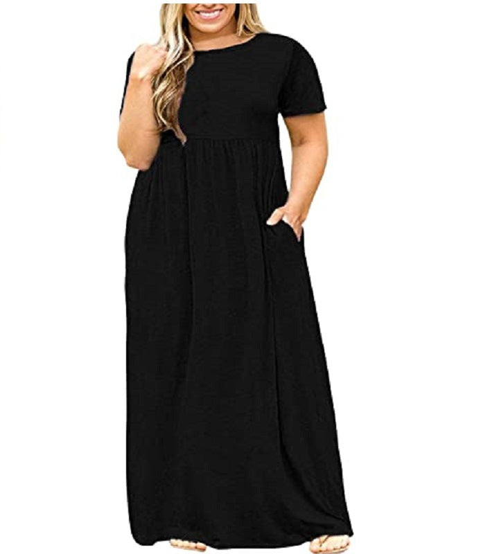 Summer Women's Short Sleeve Round Neck Solid Plus Size Dress Print Maxi Dress 20