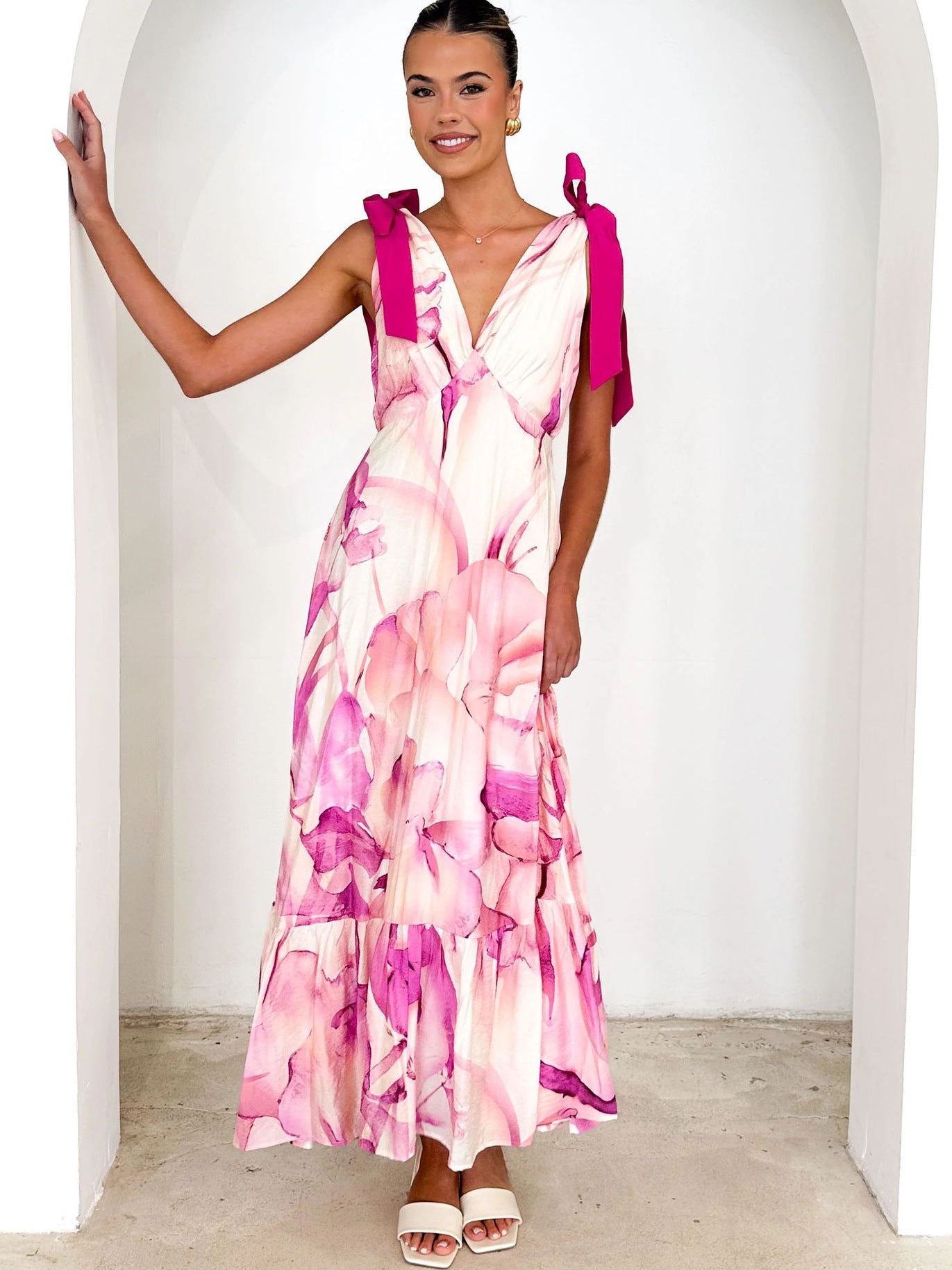 Summer Lace-up Women's V-neck Sleeveless Print Long Dress 7