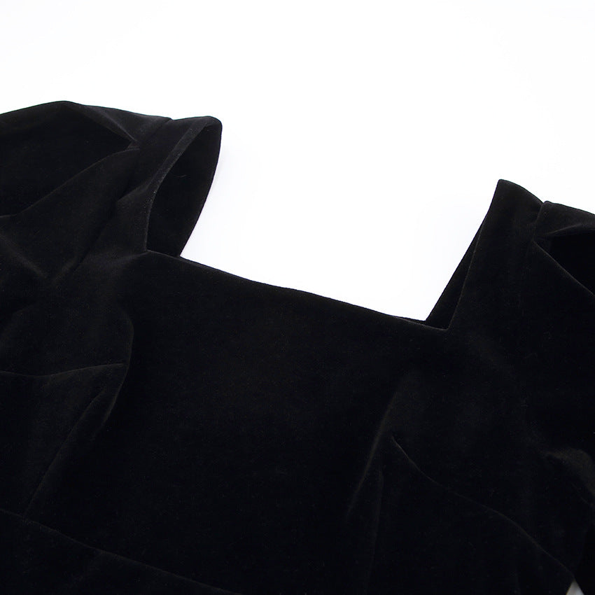 Autumn and winter black velvet dress women's fashion square neck puff sleeves Bodycon dress 10