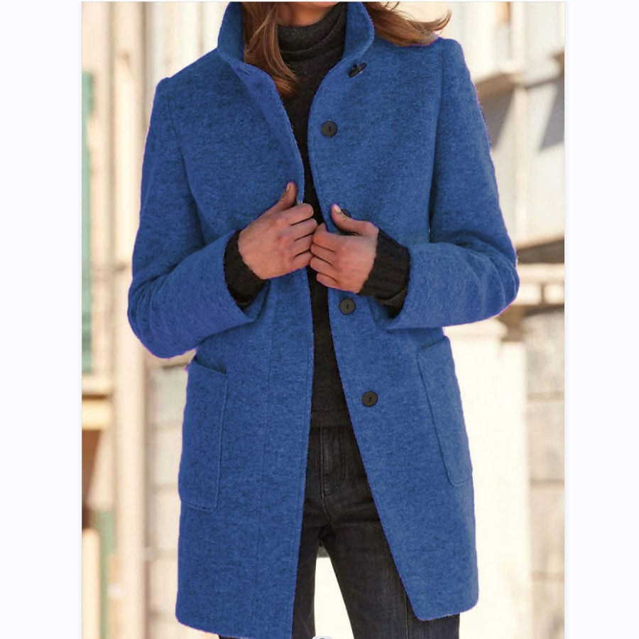 Autumn And Winter Women'S Retro Solid Color Button Stand Collar Coat 7