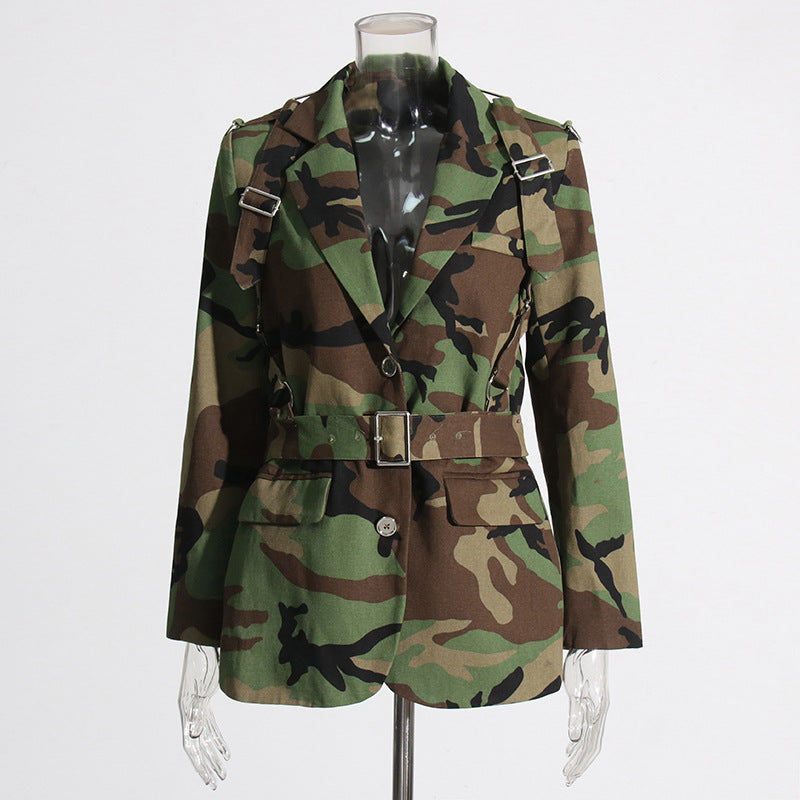 Women Style Camo Print Lace-up Blazer Jacket 6