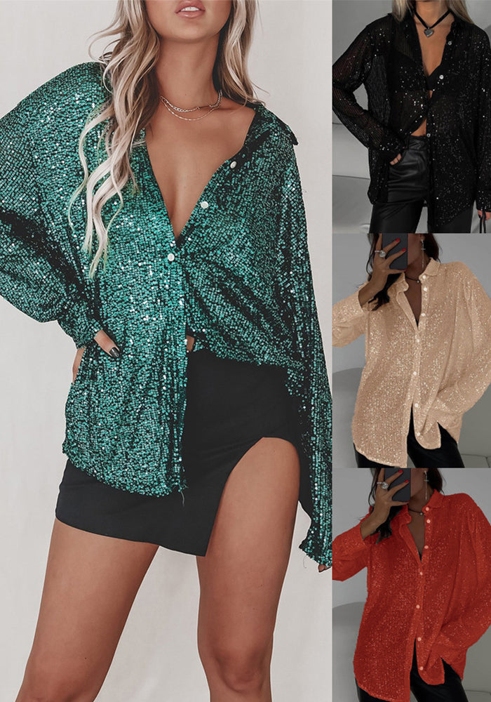 Women spring and summer sequined Top Turndown Collar long-sleeved shirt