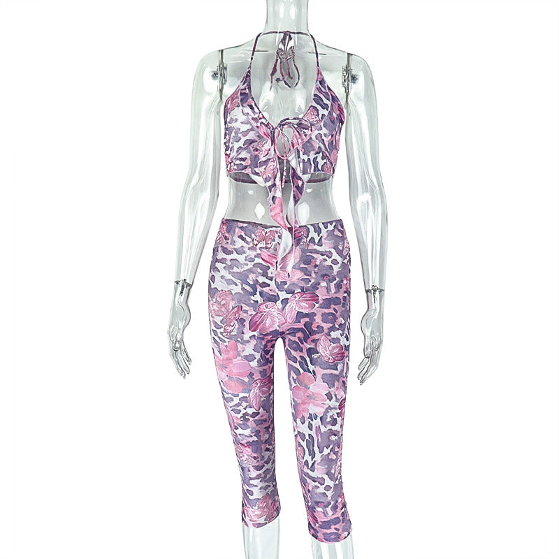 Women's Sexy Leopard Print Lace-up Low-Back Top & Tight Fitted Pants Set 8