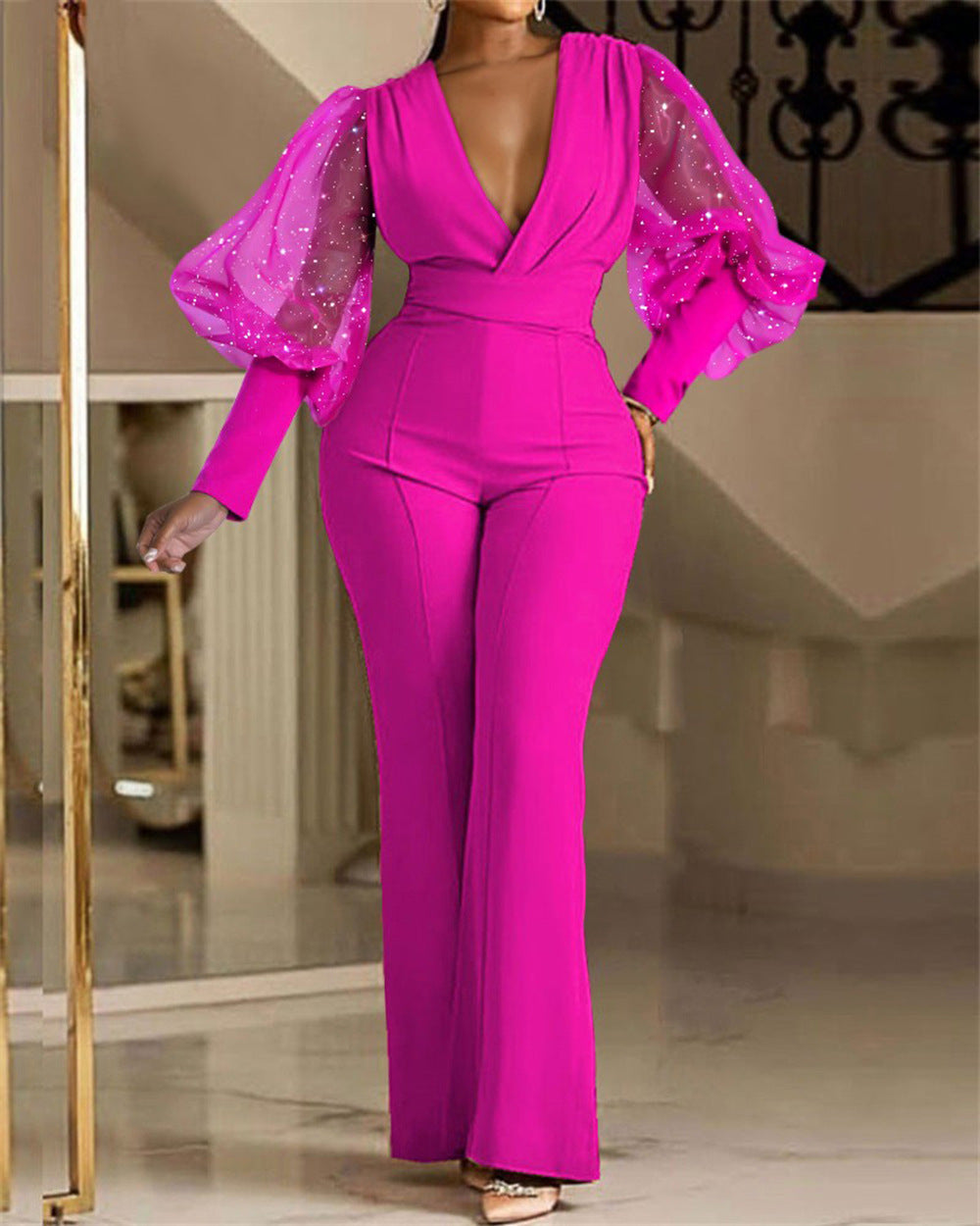 Women'S Autumn Fashion Chic Elegant V-Neck Mesh Patchwork Wide Leg Jumpsuit 8