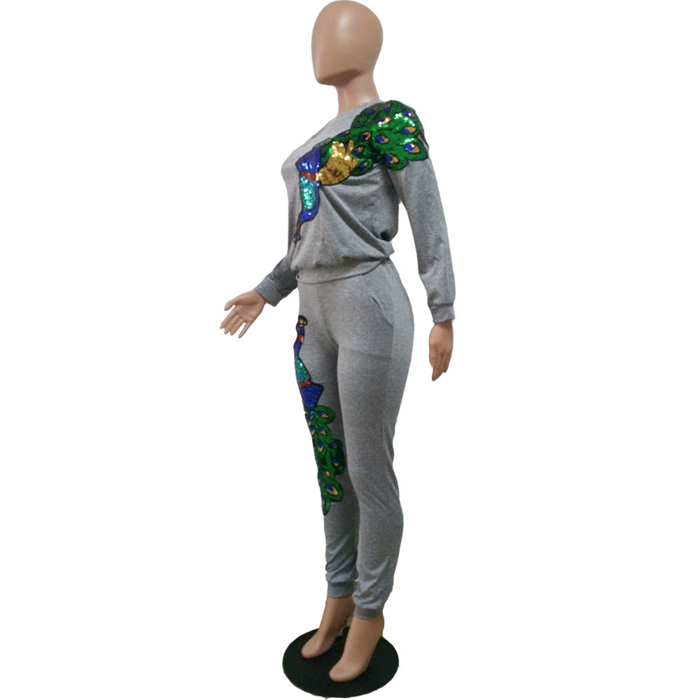 Women's Autumn and Winter Fashionable Peacock Sequin Patchwork Two-piece Pants Set 10