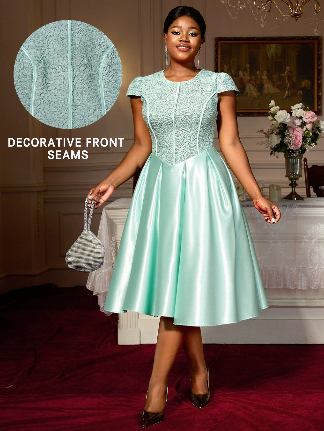 Summer Round Neck Rose Jacquard Bridesmaid Dress Bow Lace-Up Elegant Party Gown 4