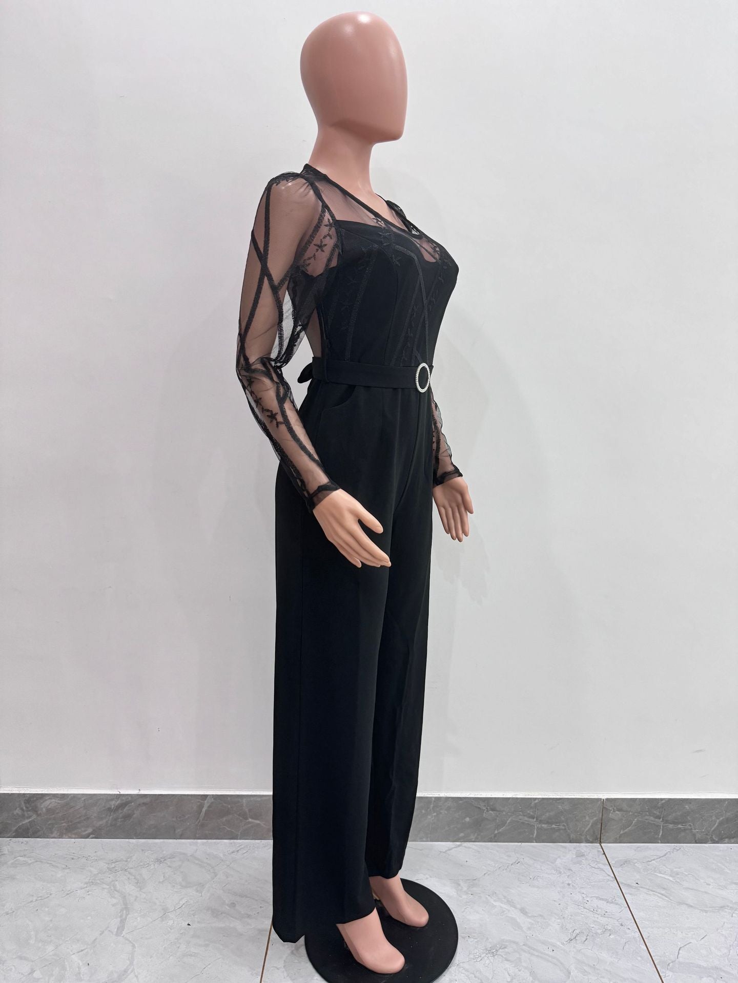 Women's Mesh See-Through Patchwork Embroidery Sexy Jumpsuit (Includes Belt) 10