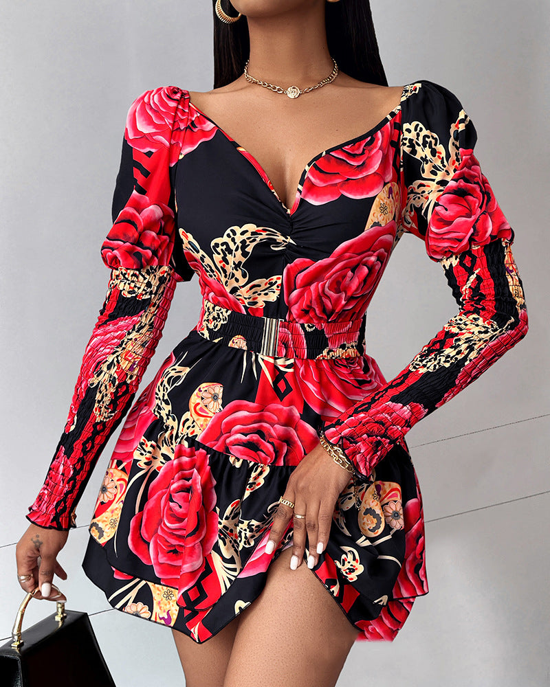 Women floral print V-neck puff sleeve dress 3