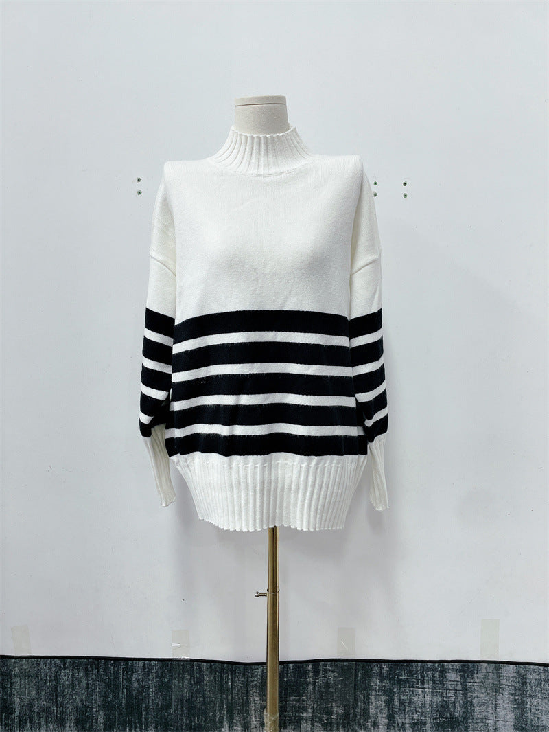 Women autumn and winter black and white striped high collar knitting sweater 8