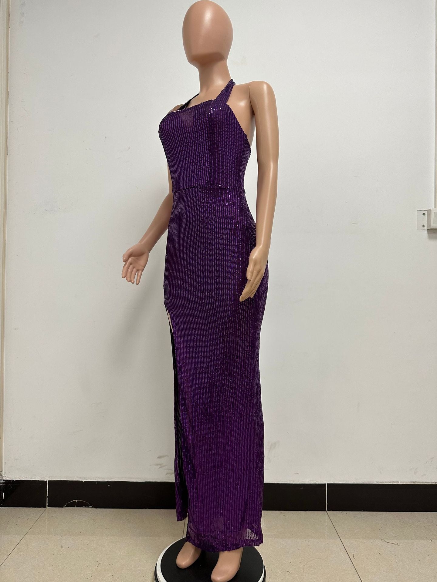 Women Sleeveless Halter Neck Backless Sequin Slit Evening Dress 60