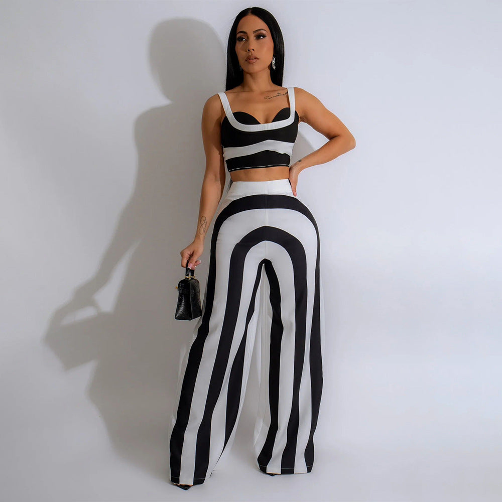 Women's summer striped strap fashion Casual two piece pants set 5